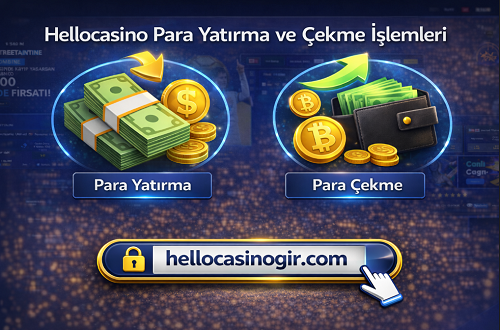 Hellocasino para yatırma ve çekme işlemlerini gösteren banner; sol tarafta para yatırma, sağ tarafta para çekme ikonları ve alt kısımda hellocasinogir.com adres çubuğu yer alıyor.